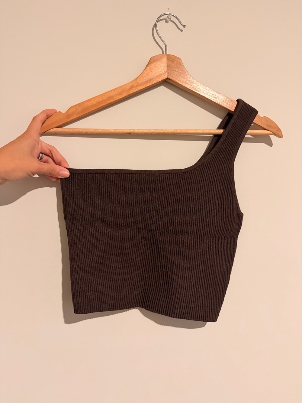 Quince One-Shoulder Ribbed Crop Top in Dark Brown
